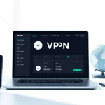 在专业工作区的现代笔记本电脑上显示的快连VPN界面，展示全球连接性与安全功能。