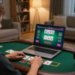 Player engaging in live dealer blackjack on TV88 in a cozy home setting, showcasing online gaming strategy.