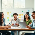 Craft unique hubspot marketing email templates with a diverse team in a bright office.