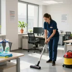 Professioneller Reiniger, der Gebäudereinigung in Münster mit akribischer Liebe zum Detail in einer hellen Büroumgebung durchführt.