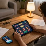 Player engaged with SC 88 online casino app on tablet at home, betting strategy notes visible.