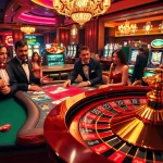 Players enjoying a high-stakes game at NK88 casino, surrounded by luxurious decor and vibrant slot machines.