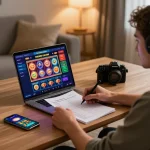 KJC player strategizing betting in a modern online casino setup, showcasing responsible gaming practices
