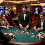 Agen Casino Online players intensely focus on their strategies at a high-stakes blackjack table.