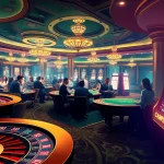Rebahin online gambling scene with players at poker tables and a spinning roulette wheel.