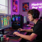 Pemain terlibat dalam permainan situs slot gacor, fokus intens pada layar laptop dengan pencahayaan RGB yang cerah dan aksesori permainan.