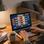 Experience QQ88 slot games in a cozy home setting, engaging gameplay on a laptop.