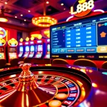 U888 online casino vibrant scene with roulette and slot machines highlighted for excitement.