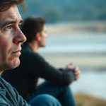 Individual reflecting on depression symptoms in a tranquil setting, emphasizing emotional weight.
