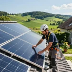 Experte für Photovoltaik Bayern installiert Solarpaneele auf einem Wohngebäude in Bayern und zeigt Energieeffizienz.