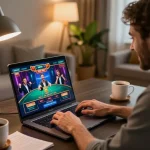 Player engaging with SC88 online casino app on laptop, showcasing home gaming atmosphere and strategic excitement
