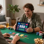 Player enjoying RR88 online blackjack game on tablet in cozy home setting.
