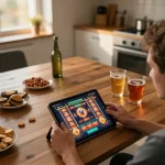 Exploring casino stranieri che accettano italiani on a tablet, engaging gameplay in a warm kitchen