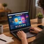 Engaged player exploring slot gacor 777 gameplay on laptop in a cozy home environment