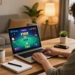 Engaged player using F168 online casino platform for poker at home, showcasing a strategic gaming setup.