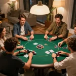 Friends enjoy a lively poker night at home, strategizing gameplay with p789bet.