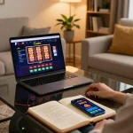 Engagierter Spieler zu Hause, der f1casino-eu auf einem Laptop nutzt, während er Online-Slots und Strategien erkundet.