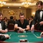 Go8 players evaluating strategies in a tense poker game with elegant casino decor and intense atmosphere.