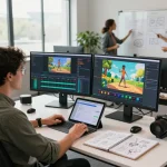 Developer showcasing motion control technology for seamless animation creation with dual monitors in a bright workspace.