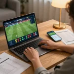 Betting on live football matches using 7m-7m online platform in a cozy home setting.