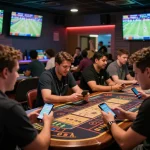 Excited bettors engaging with sin88 sports betting, analyzing odds and placing bets in a vibrant lounge atmosphere.