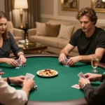 Pemain terlibat menikmati permainan idn poker yang menarik di sekitar meja kain hijau dalam suasana rumah yang nyaman.