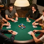 Pemain SBOBET88 berpartisipasi dalam malam poker di rumah yang mendebarkan, menampilkan chip dan kartu berwarna-warni dikelilingi oleh teman-teman.
