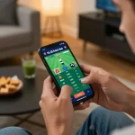 Engaging mobile betting experience showcasing tỷ lệ nhà cái on a smartphone screen during live sports action.