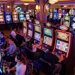 Players spinning slots in a lively casino environment with colorful machines
