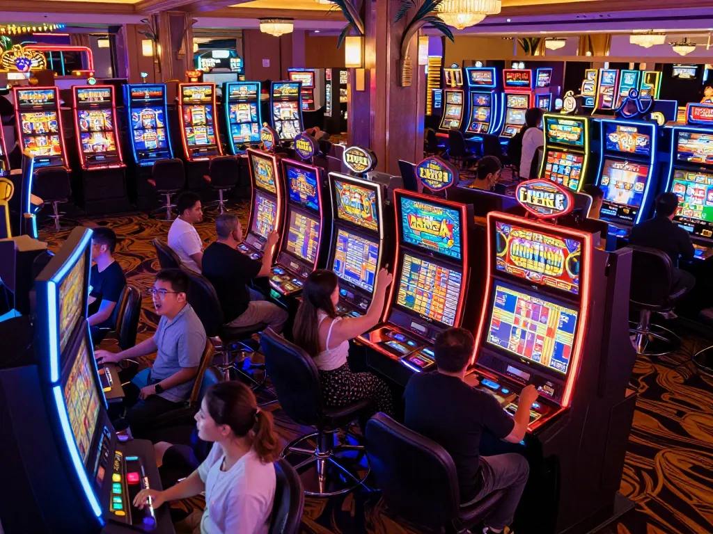 Players spinning slots in a lively casino environment with colorful machines