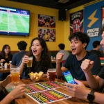 Exciting judi bola betting scene in a vibrant sports bar during a match, friends cheering with drinks and snacks.