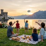 Familie genießt Urlaub am Gardasee mit malerischen Ausblicken und lokalen Köstlichkeiten bei Sonnenuntergang.