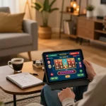Engaging in online casino gameplay at home with nhà cái go8 on a tablet amid a cozy living space.