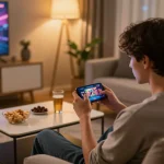 Player enjoying Me99 casino gaming on smartphone in cozy home setting with warm lighting.