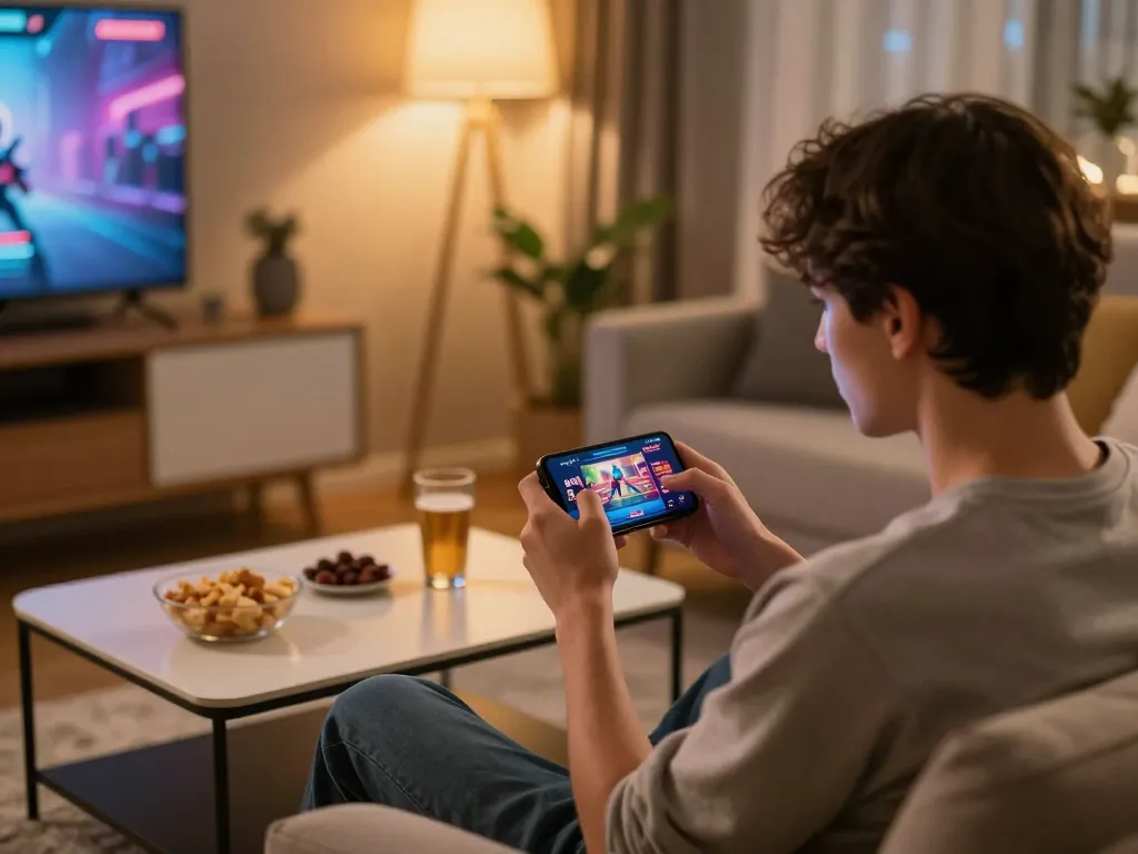 Player enjoying Me99 casino gaming on smartphone in cozy home setting with warm lighting.