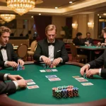 Bsport players strategizing at an upscale poker table with vibrant chips.
