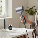 Erfrischende Morgenroutine mit dem Laifen NEO Haartrockner in einem eleganten Badezimmer.