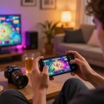 Engaging player using SC88 mobile app on smartphone in cozy home setting