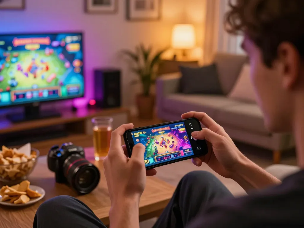 Engaging player using SC88 mobile app on smartphone in cozy home setting