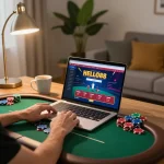 Engaging gameplay at home with HELLO88 poker interface on laptop, relaxed atmosphere.