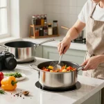 Hausköchin bereitet freudig ein Gericht in dem besten Induktionskochtopf für Induktion zu und präsentiert lebendige Zutaten in einer modernen Küche.