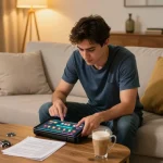 Player exploring tg88.cash on a tablet at home, showcasing online casino gaming experience with strategic focus.