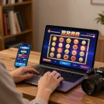 Player enjoying RR88 slots on a laptop in a cozy home environment.