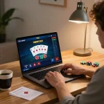 Engage in thrilling online poker at F168 with a modern home setup, showcasing focus and strategy.