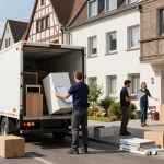 Stressfreies Umziehen mit Umzugsunternehmen Hannover, professionelle Umzugshelfer laden Möbel in einen Transporter.