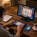 Engaging with an exciting slot bonus new member game on tablet at a cozy gaming desk.
