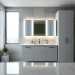 Stylish illuminated bathroom cabinets reflecting modern elegance in a bright bathroom setting.