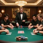 Players placing strategic bets at GG88 poker table in an upscale casino during intense gameplay.