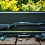 Showcase of a pelican rifle case with hunting accessories on a wooden table in natural lighting.
