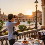 Reisetipps Sevilla: Reisender genießt lokale Tapas am Plaza de España und erkundet die lebhafte Architektur und Kultur.